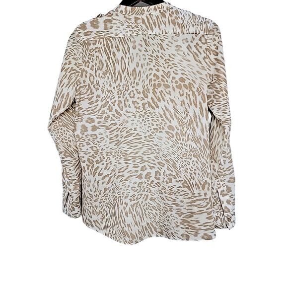 Calvin Klein Womens Small Animal Print Ivory/Beige Buttonup Rollup Sleeve Blouse - Picture 3 of 9